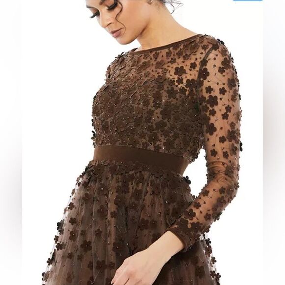 Mac Duggal 67007 Brown Embellished Illusion High Neck Long Sleeve Fit & Flare Dr - Picture 2 of 14